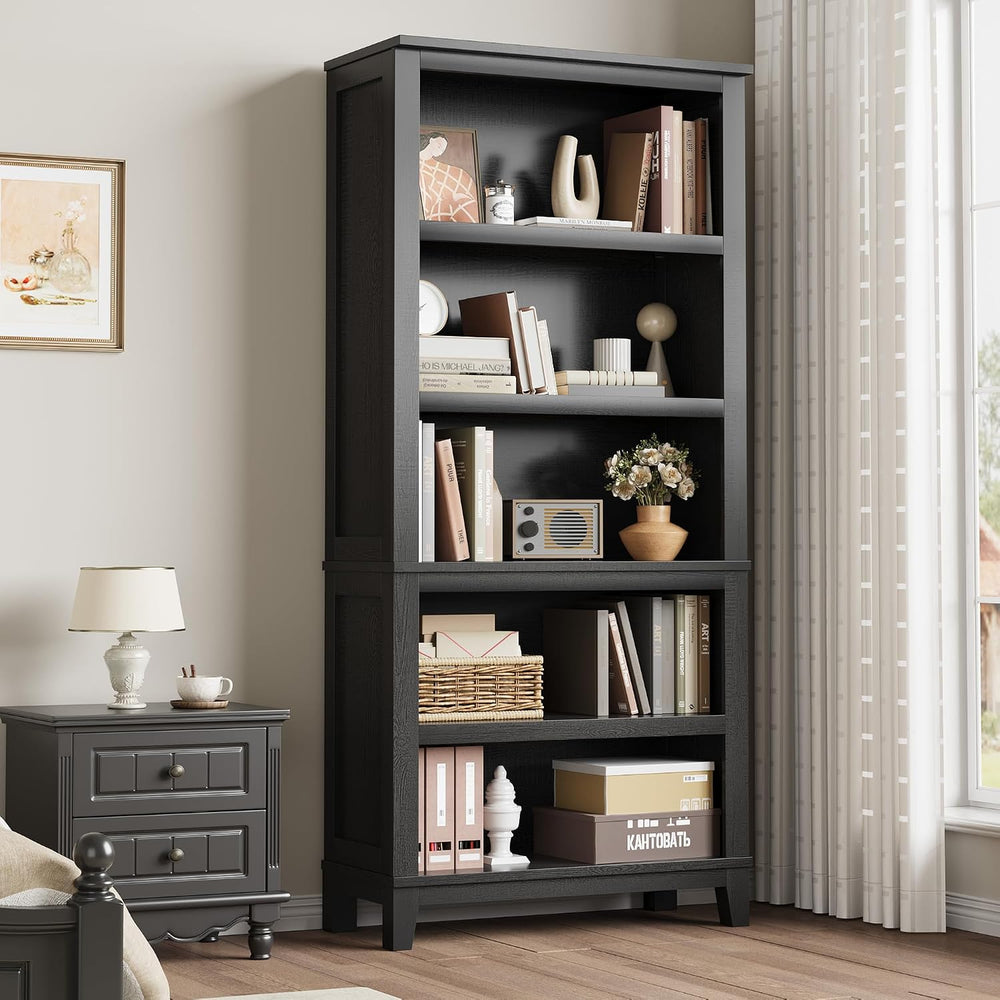 IDEALHOUSE 71" Tall Farmhouse Bookshelf with Adjustable Shelves(Black)