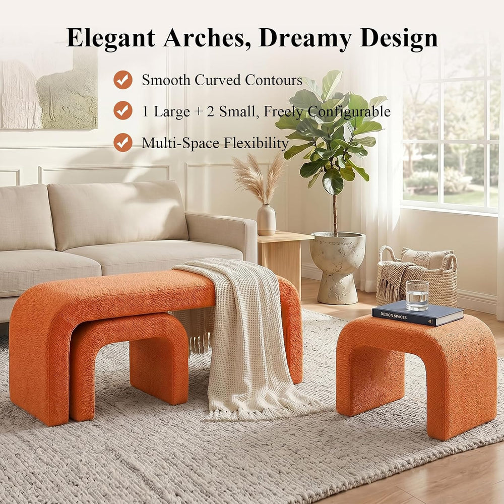 3-Piece Ottoman Bench Set, End of Bed Bench with 2 Foot Stools