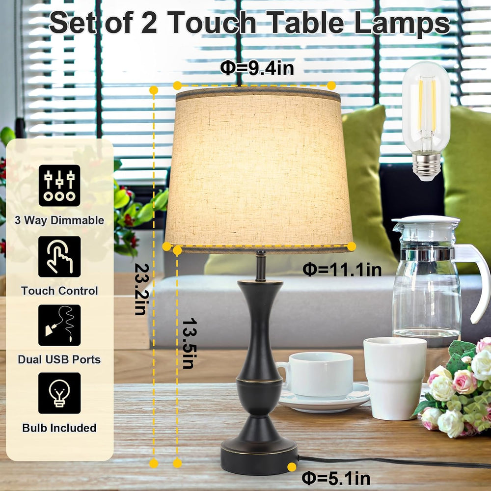 LALISU Touch Table Lamps Set of 2, Farmhouse Table Lamp with USB Charge