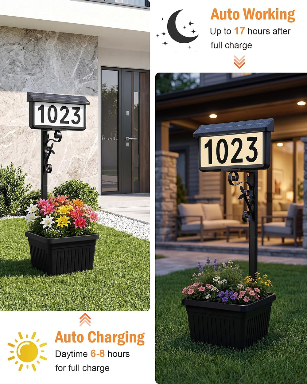 Solar Address Sign with Planter, 2-in-1 House Numbers for Outside