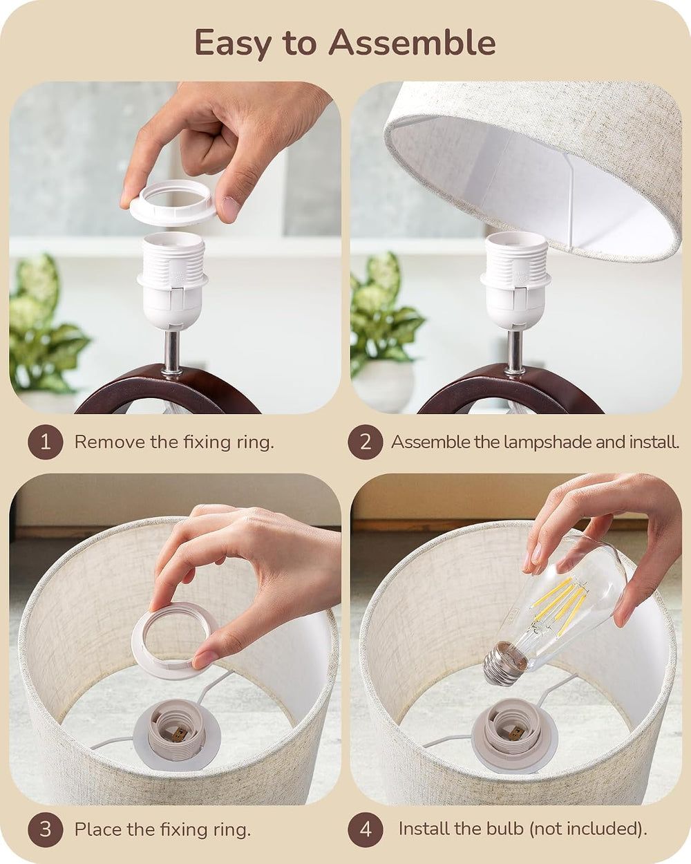 EDISHINE 13.4" Small Wood Table Lamp, ON-Off Switch, E26 Base, Bedroom