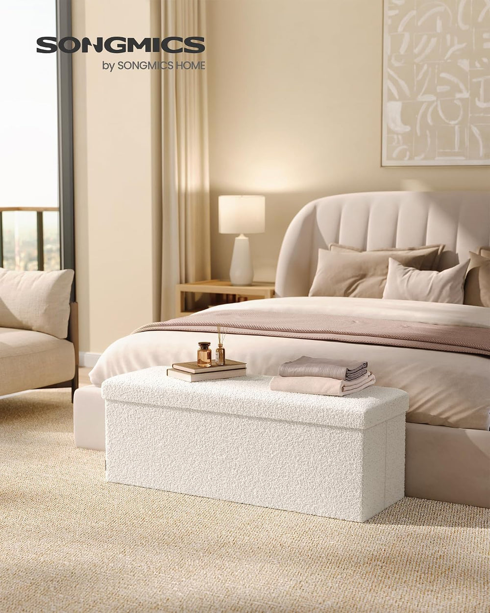 SONGMICS Large Folding Storage Ottoman Bench, 15 x 43 x 15 Inches