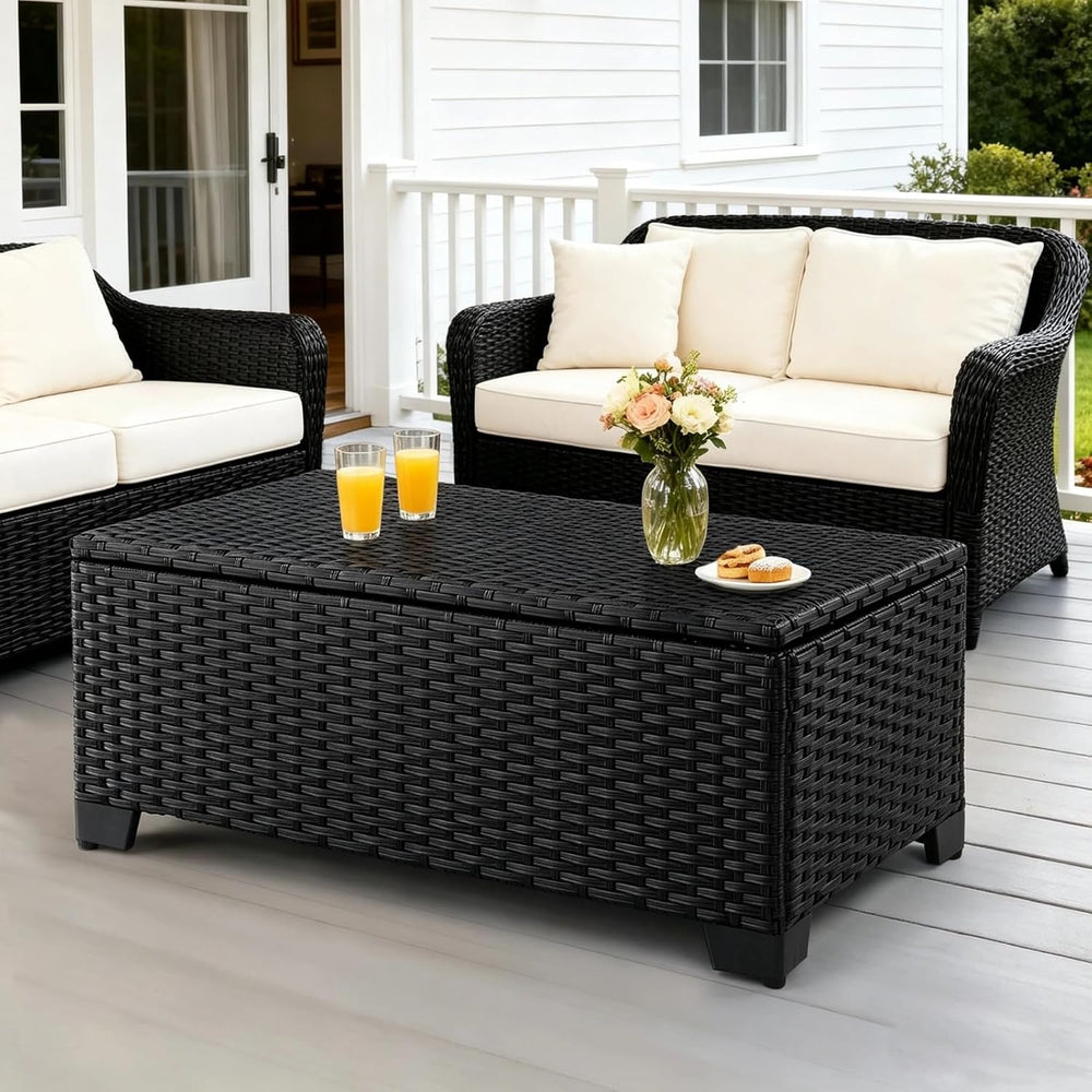 VINGLI Outdoor Coffee Table with Storage, All-Weather Wicker Patio Table for ...