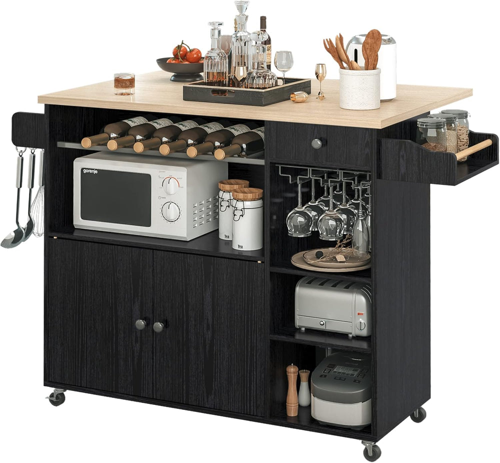 IRONCK Rolling Kitchen Island Cart with Drop-Leaf and Wine Rack, Black
