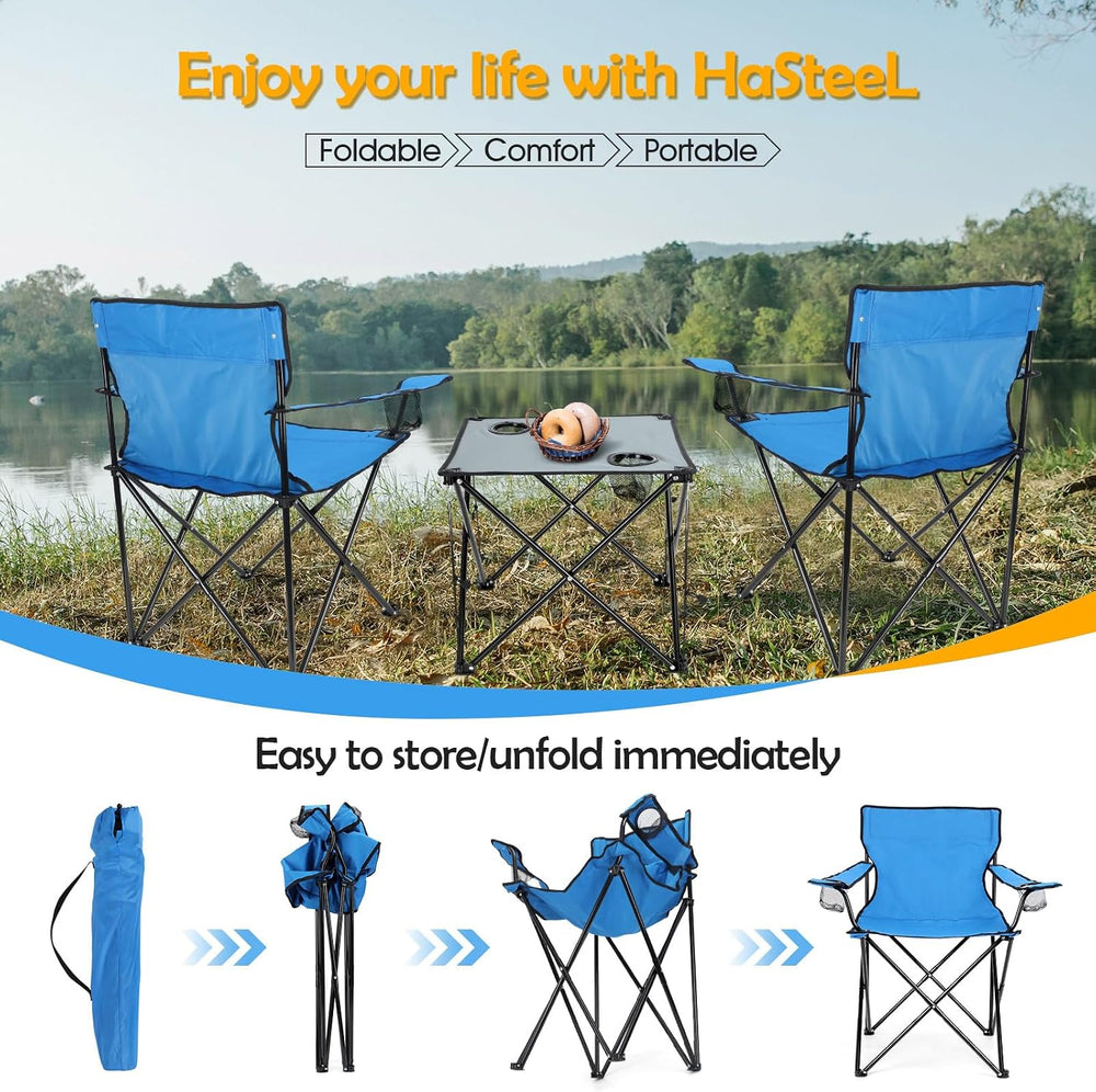 HaSteeL Folding Camping Chair Set of 3, Foldable Blue Camp Chairs & Grey ...