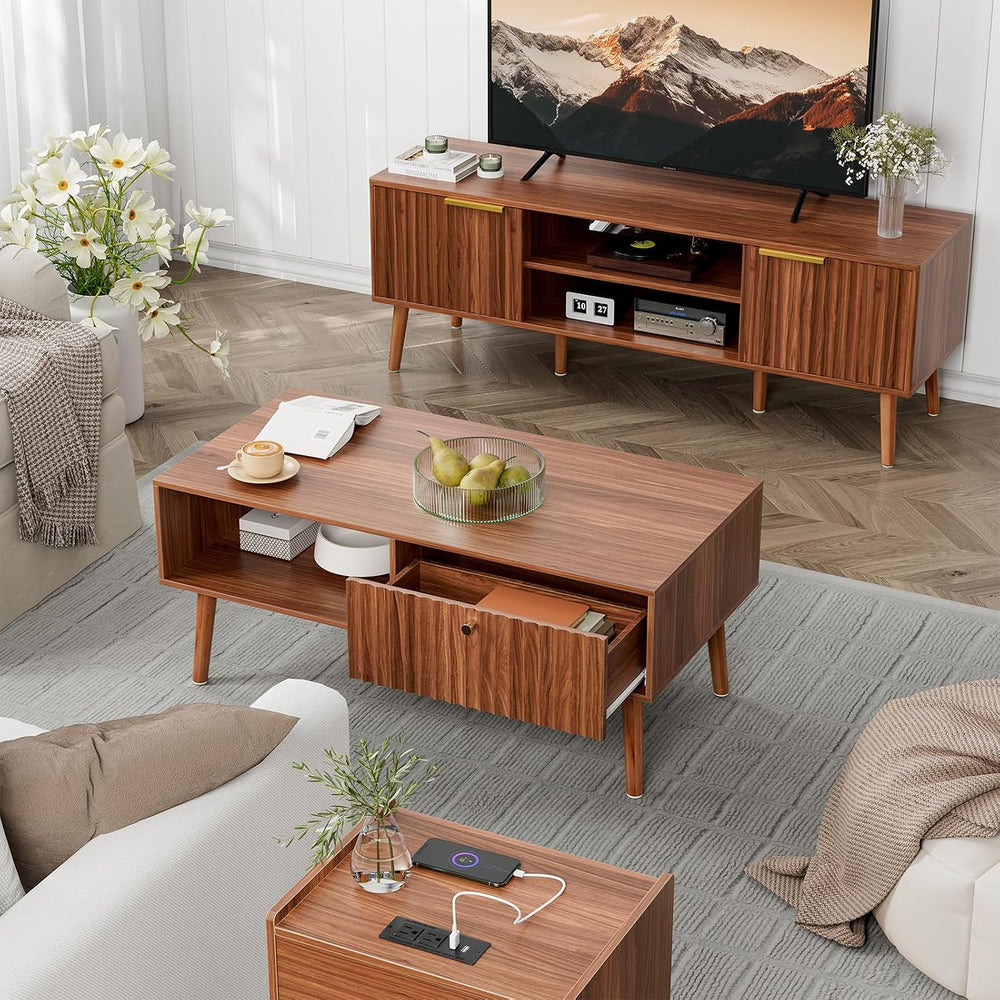 LCRBOL Coffee Table with Fluted Drawer, Mid-Century, Walnut