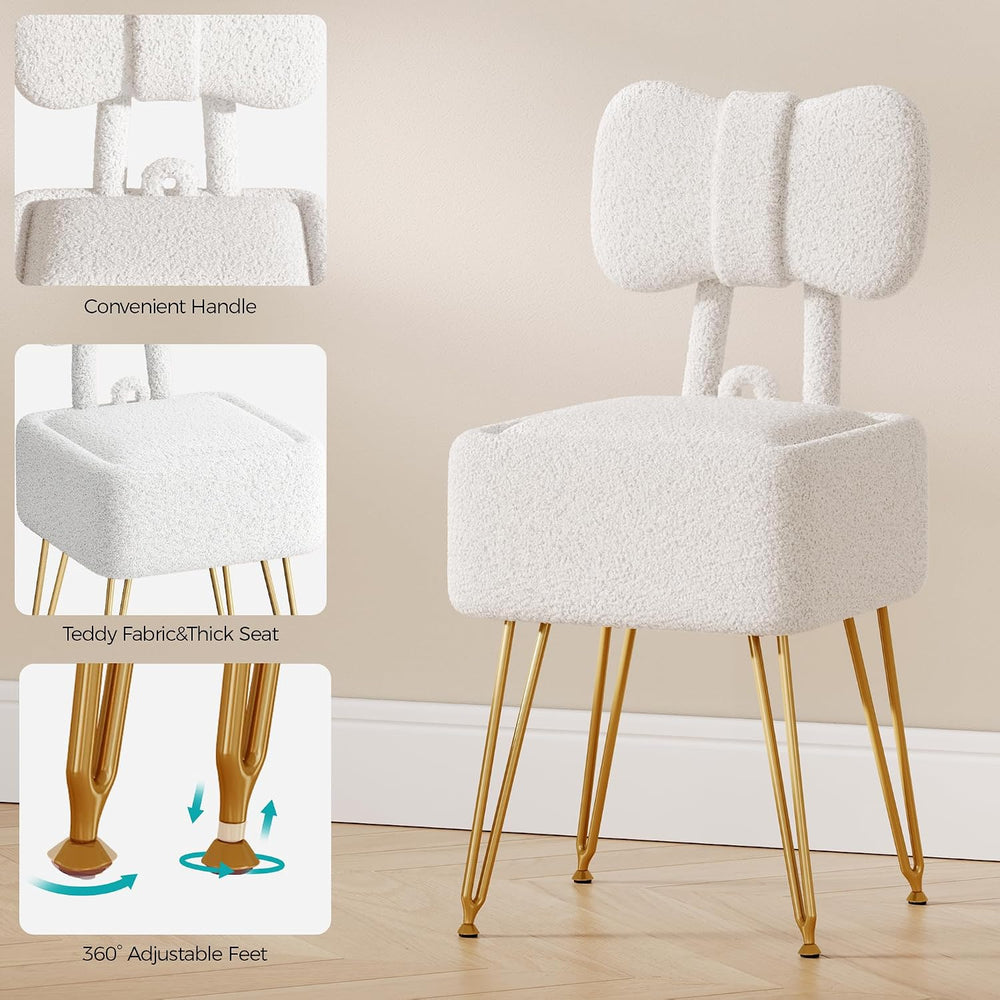 Small Vanity Stool Chair with Storage and Foldable Back, White