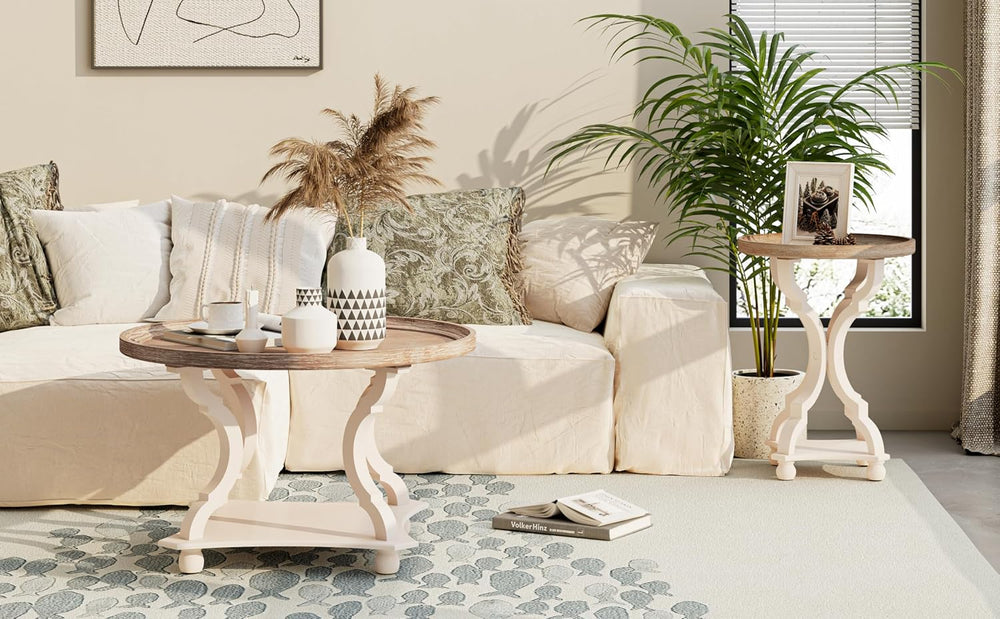 COZAYH Coffee Table - Round Farmhouse Coffee Table - Wood Tray Top, White