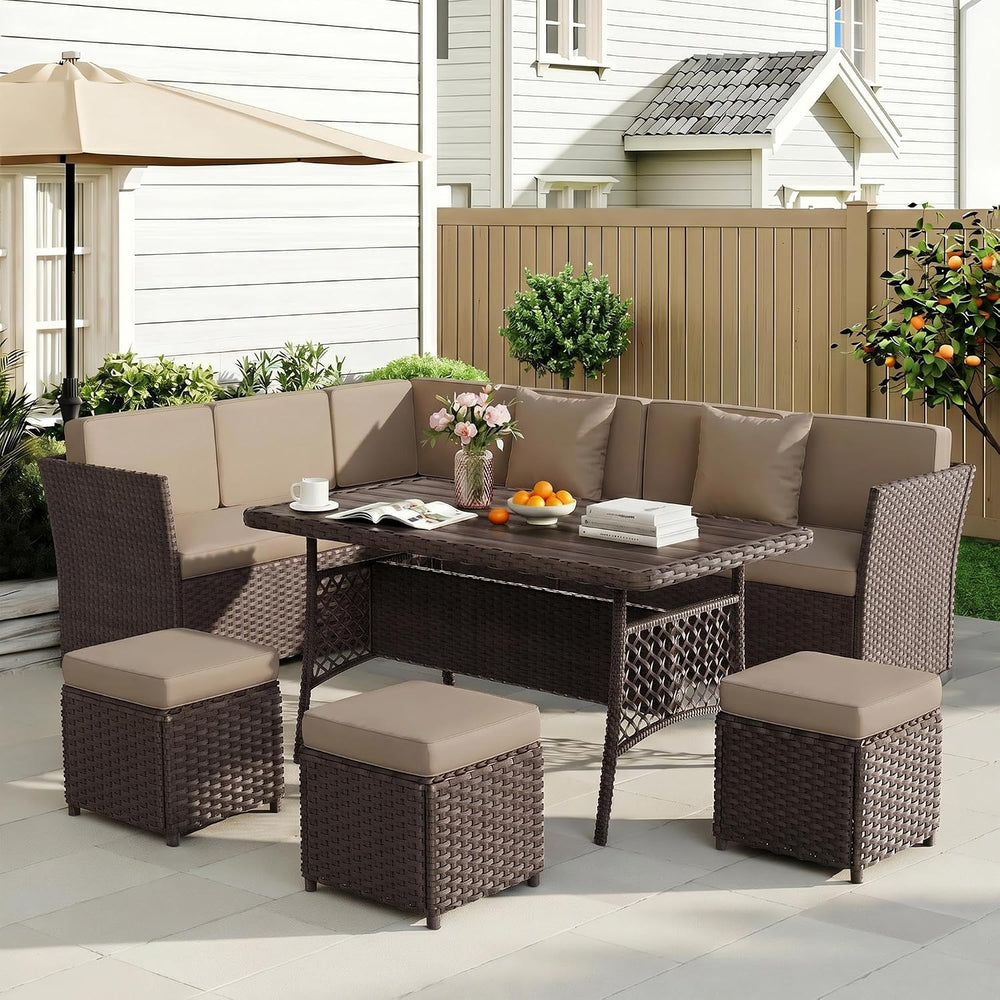 7 Pieces Patio Furniture Set, Patio Sectional with Dining Table & Ottoman