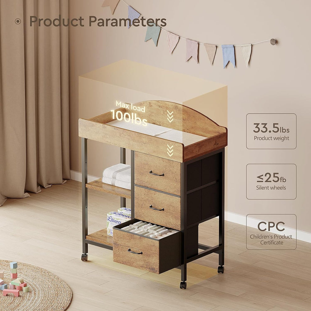 Yetom Changing Table, 3 Drawers&2 Shelves, Changing Table Dresser, Brown