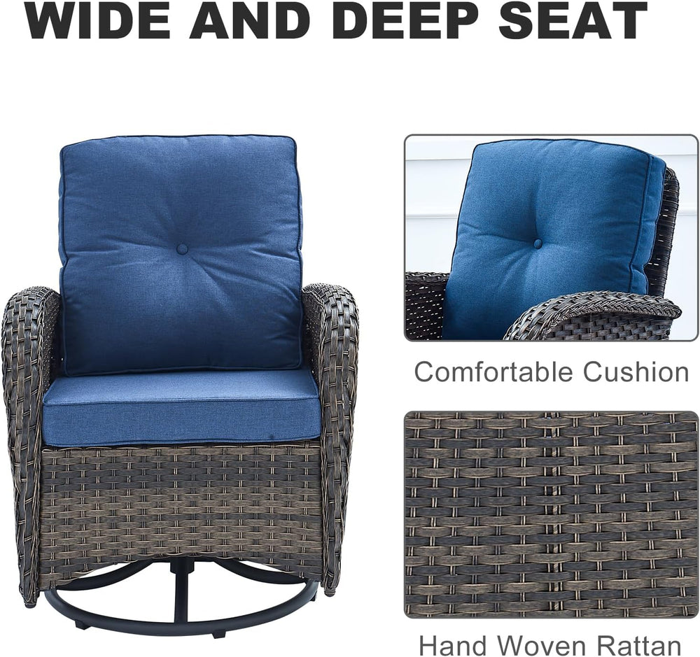 HUMMUH 6 Piece Wicker Patio Set, Swivel Rockers & Glider, Brown/Blue