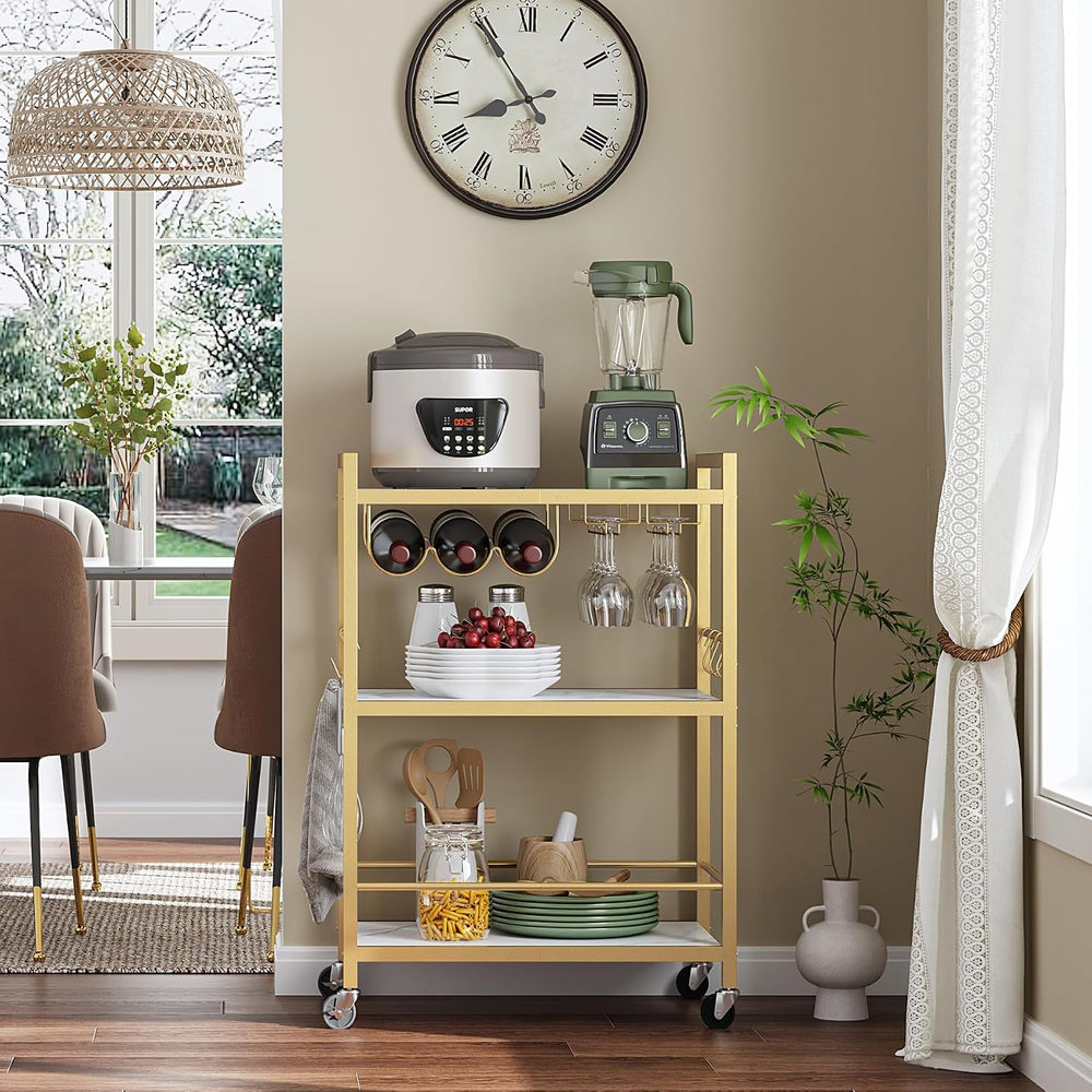TUTOTAK Bar Cart with Wheels, Drink Cart with Wine Rack and Glass Holder