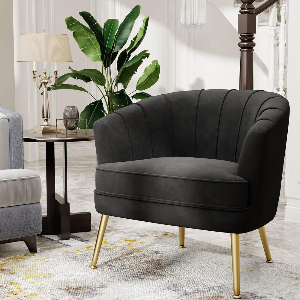 Andeworld Velvet Accent Chair, Barrel Armchair, Black