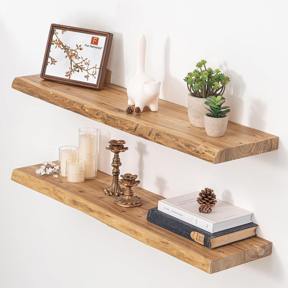 Floating Shelves for Wall, 36"x9.3" Rustic Solid Live-Edge Elm Wood...