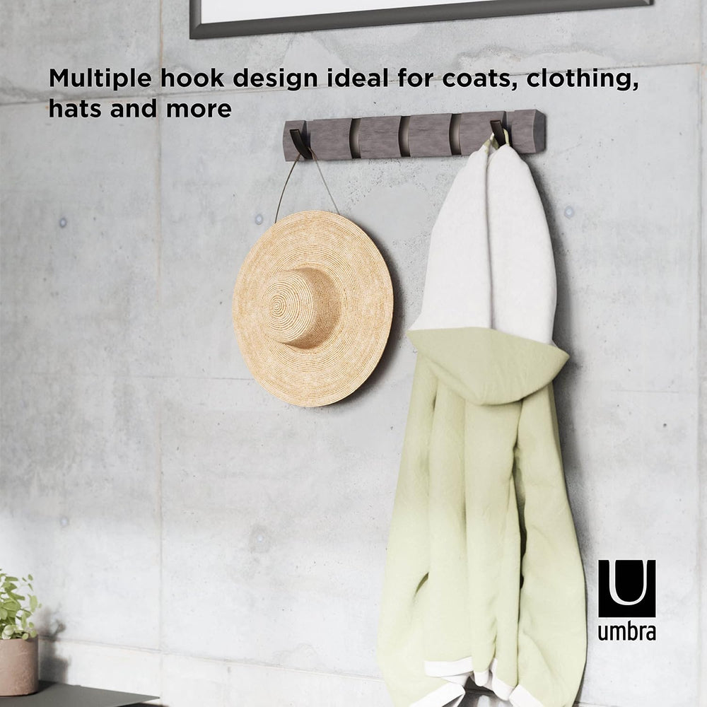 Umbra Flip Coat Rack, Wall Mounted 5-Hook Space Saving, Driftwood/Nickel