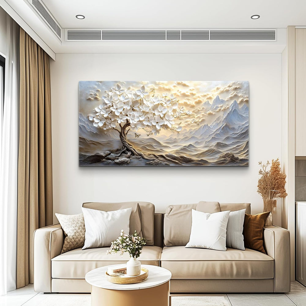 XIGUANGART White Tree of Life Large Canvas Wall Art Mountain Landscape Farmho...