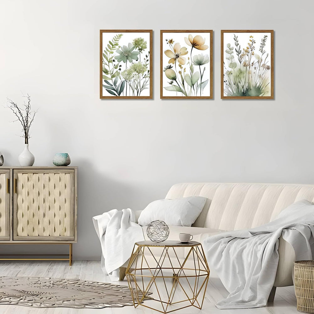 Wood Framed Sage Green Botanical Wall Art Set of 3, Boho Floral Canvas Wall D...