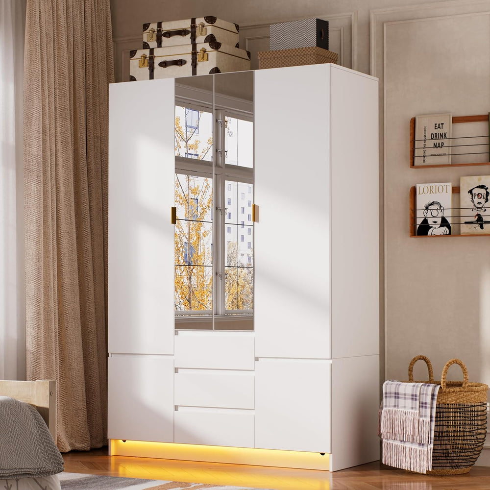 PAKASEPT 4 Doors Armoire Wardrobe Closet with Led Light & Mirror, Bedroom...