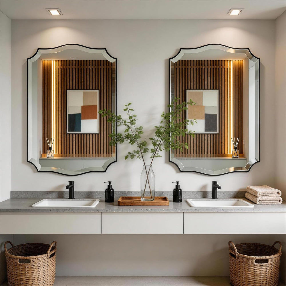 POZINO Scalloped Beveled Mirror 40"x28" Black Bathroom Mirror for O...
