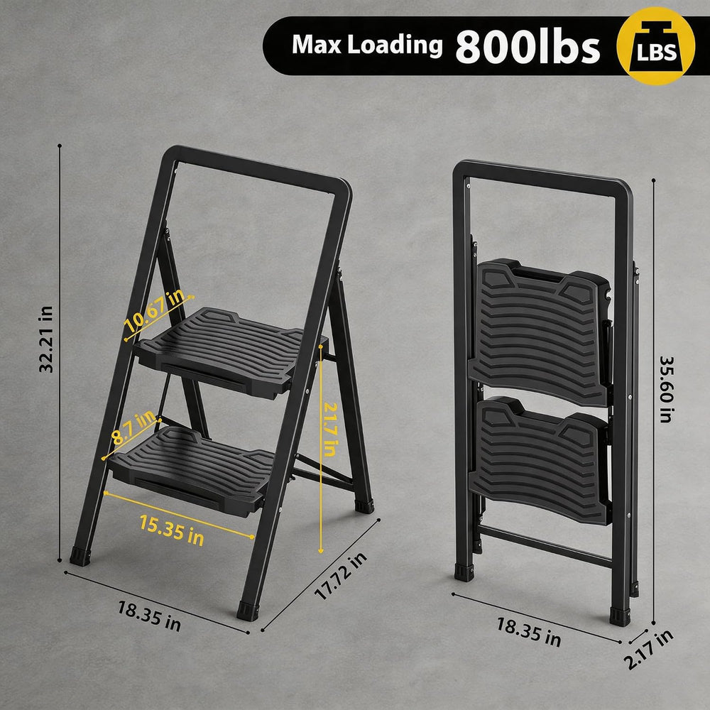 TOOLF 2 Step Ladder with Wide Pedals, Folding Steel Step Stool, Black