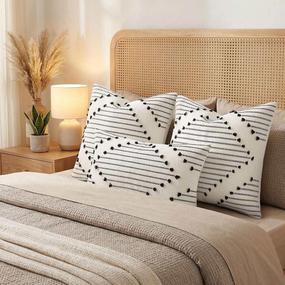 Mecatny Boho Outdoor Throw Pillow Covers 12x20 Set of 2 Black & Cream White