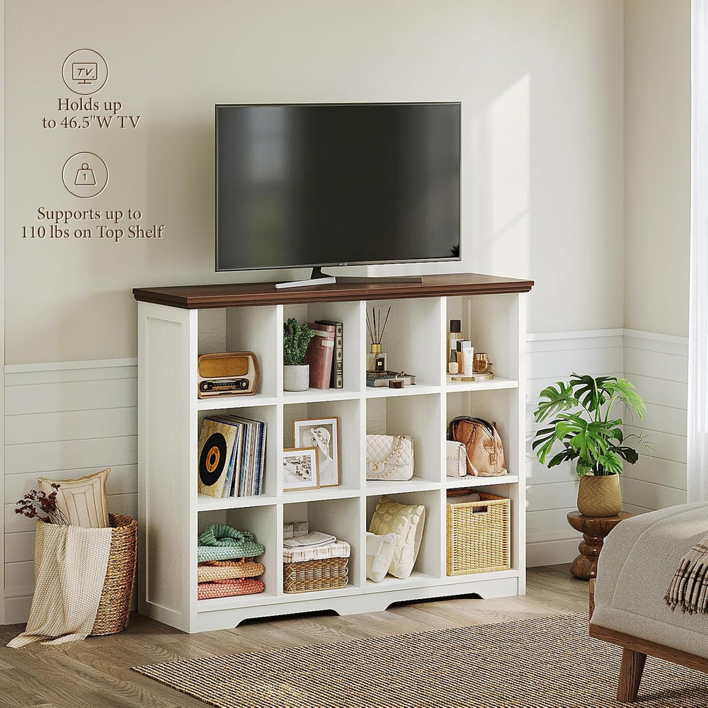 OffiGo 12 Cube Organizer Bookcase, Cube Shelf with Storage, Walnut + White