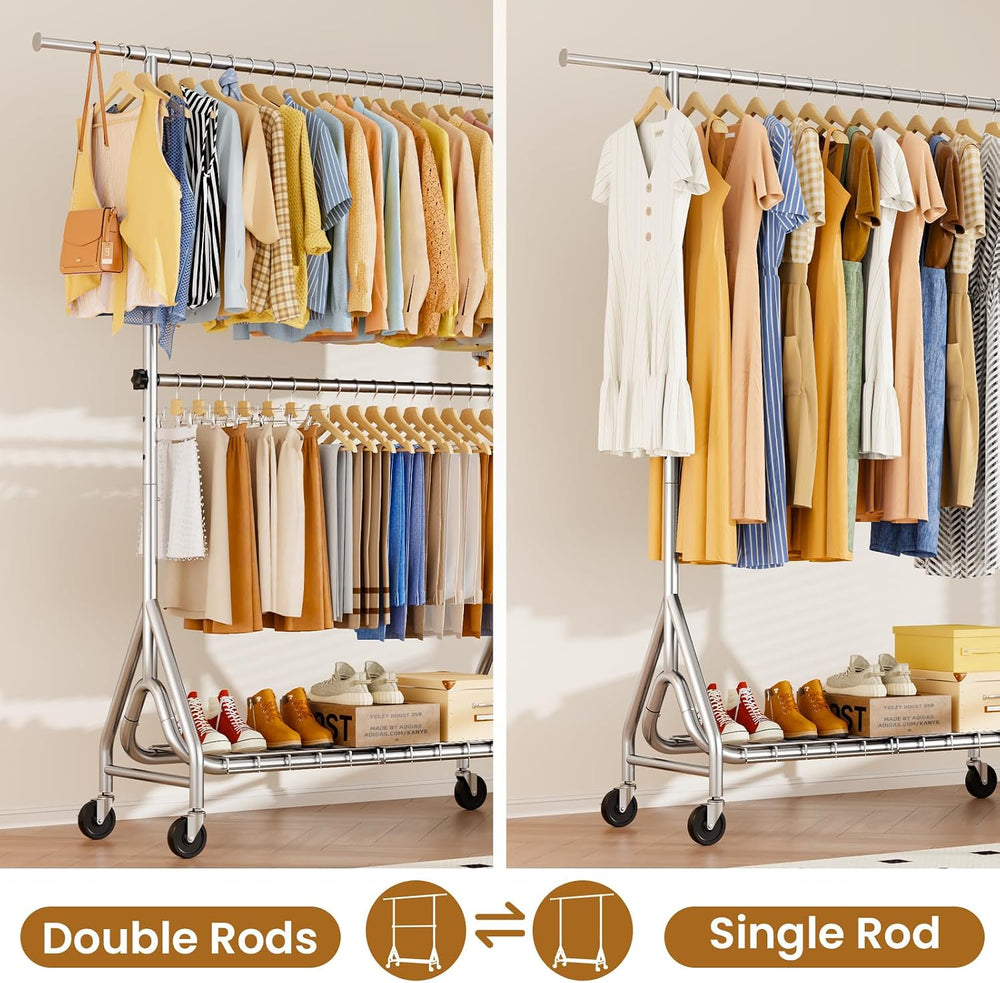 Heavy Duty Clothes Rack for Hanging Clothes, Double Rods Clothing Rack with L...
