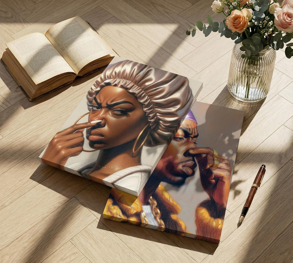 2Pcs Funny African American Bathroom Canvas Wall Art African men and Women Pi...
