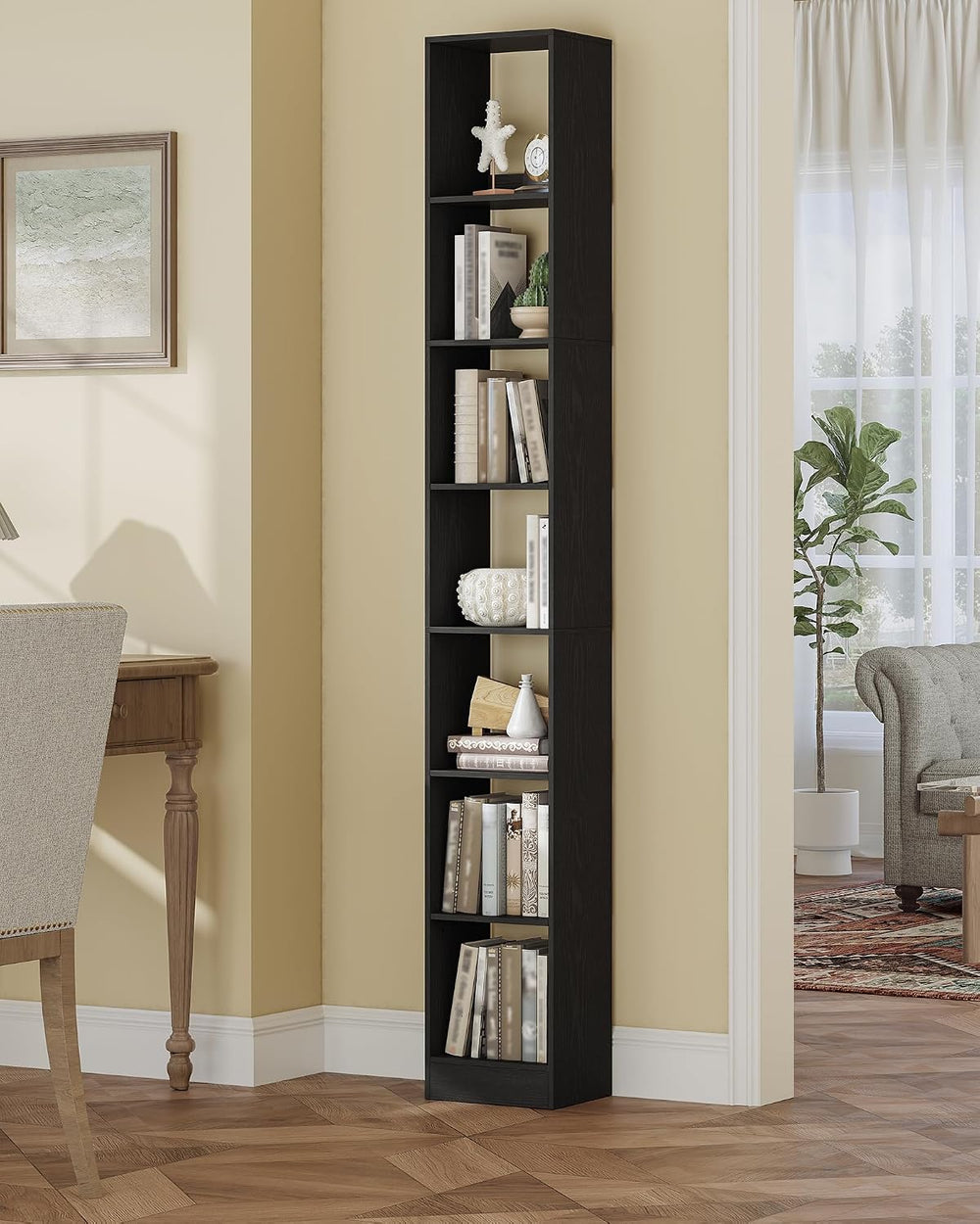 Hzuaneri Bookcase, Tall Narrow Bookshelf, Open Display Storage Shelf