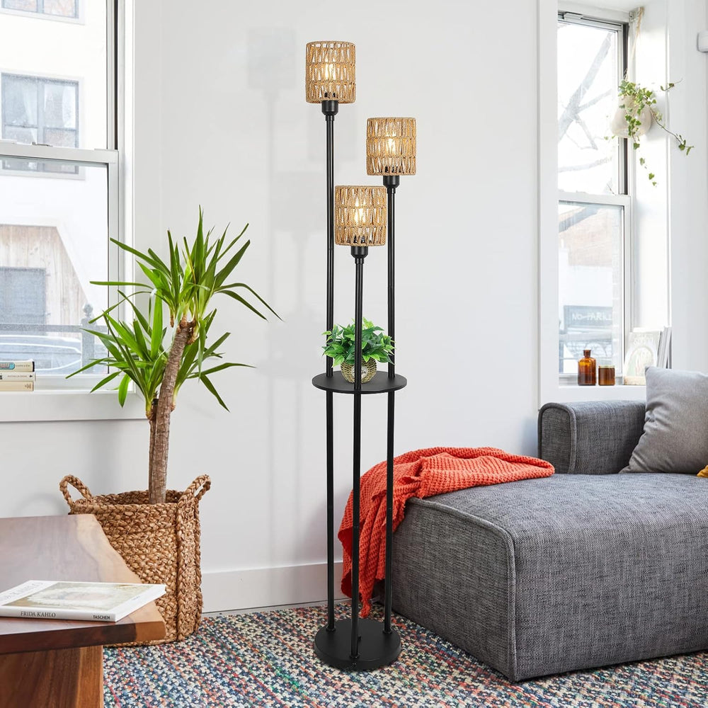 Boho Floor Lamp with Shelves, 3-Lights Farmhouse Tall Floor Lamp with ON/Off ...