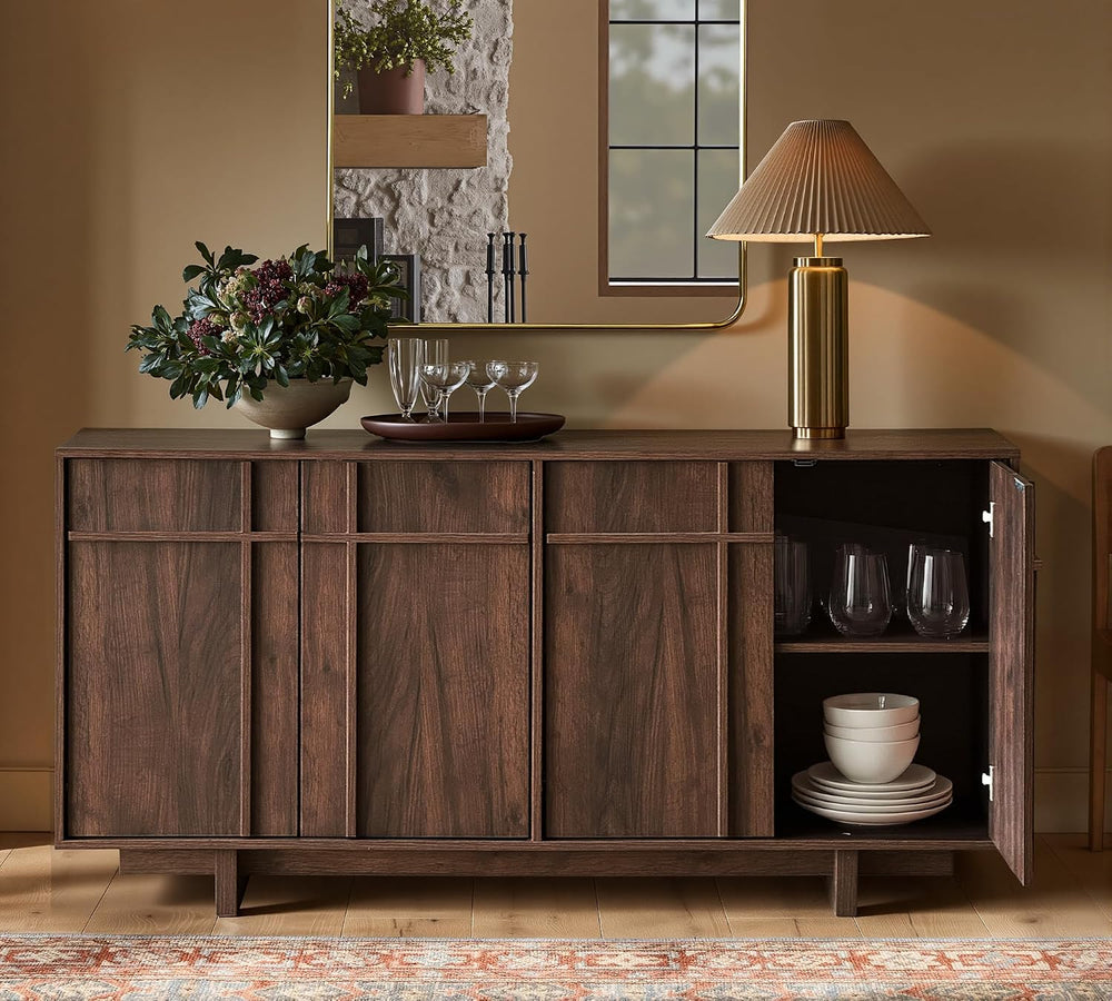 63" Sideboard Buffet Cabinet, Skeleton Lines Design, Walnut