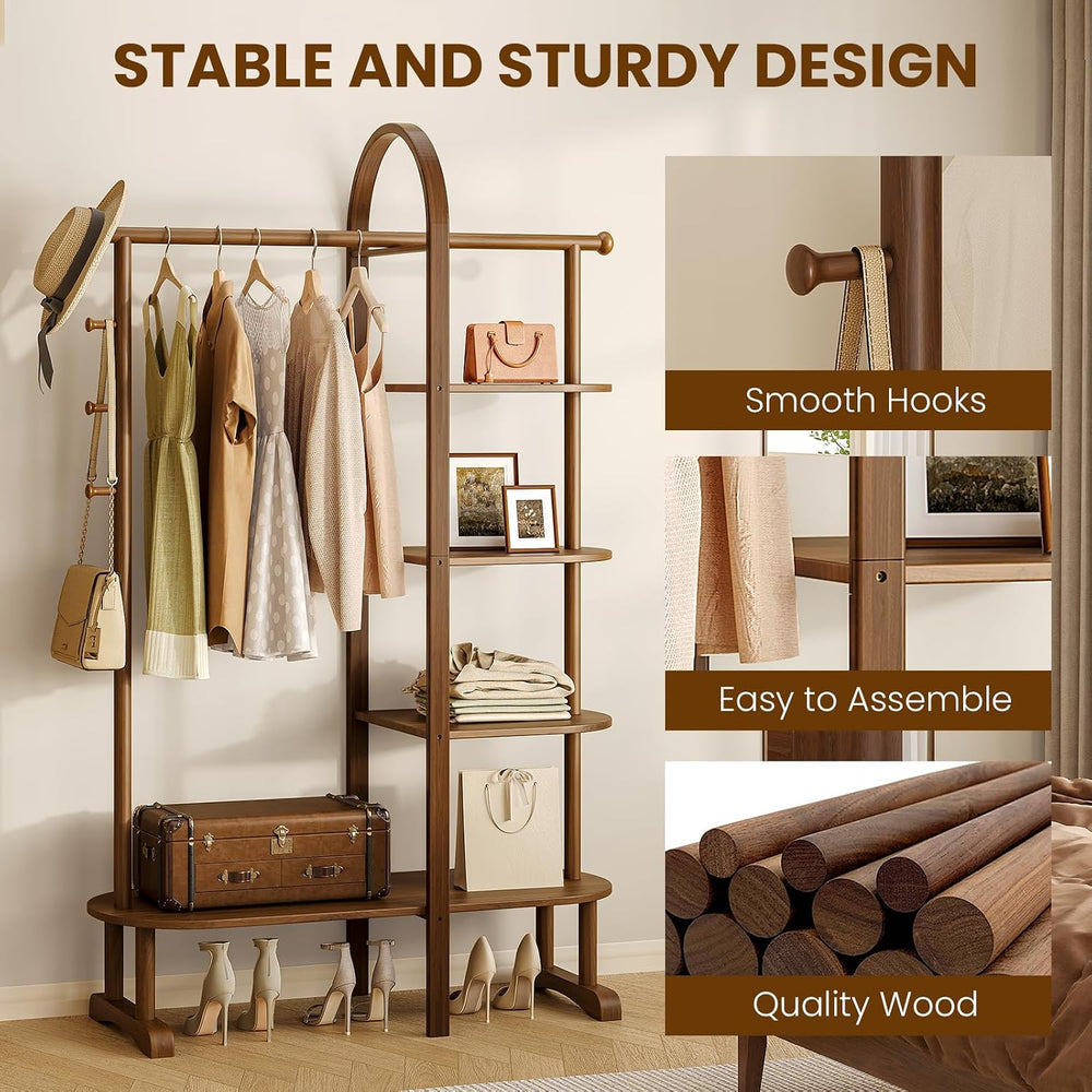 41.3" Wide 3-in-1 Freestanding Clothing Rack, Wooden Coat Rack with 4 Sh...