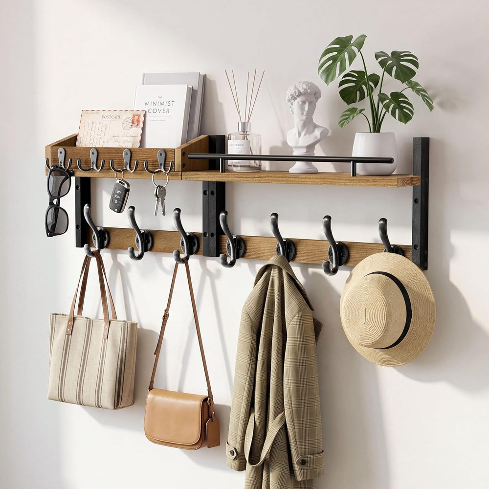 29” Coat Rack Wall Mount with Shelf, Coat and Key Hanger with Metal Hooks