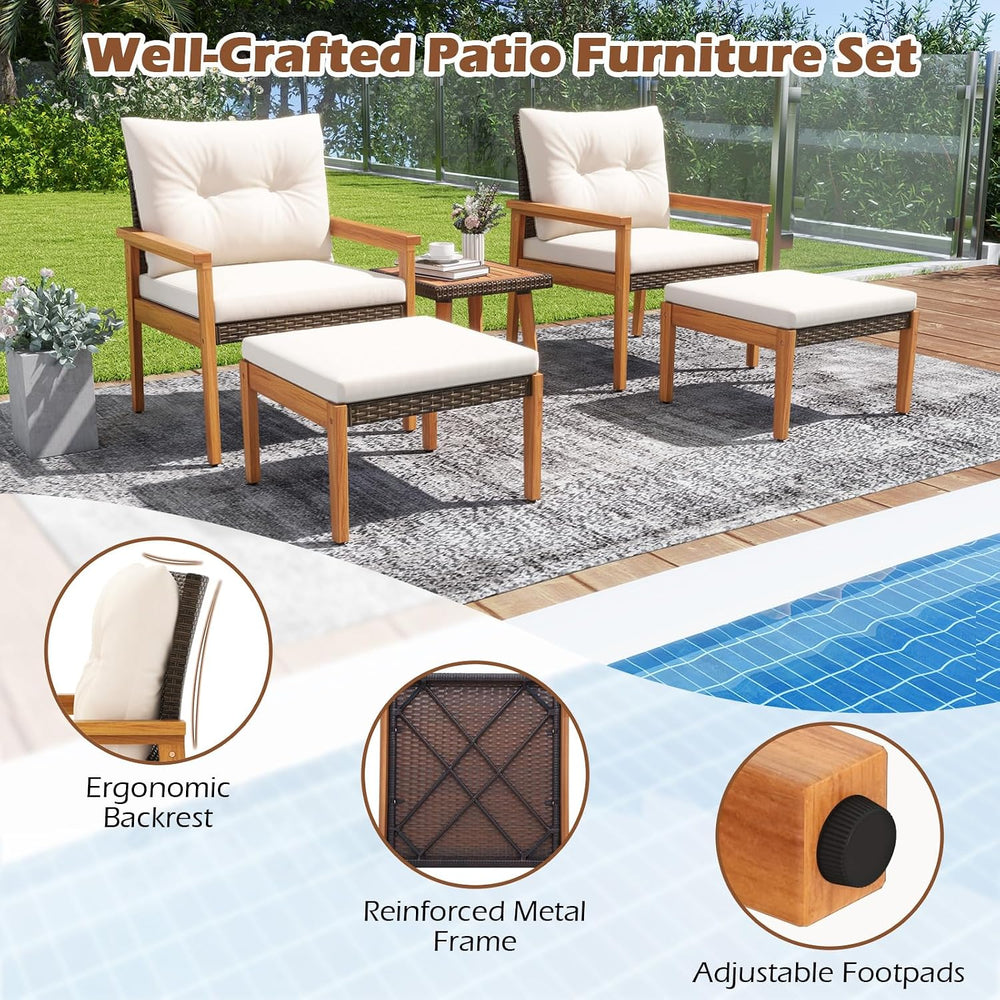 Tangkula 5 Piece Rattan Furniture Set, Wood Frame Chairs & Ottomans w/Squ...