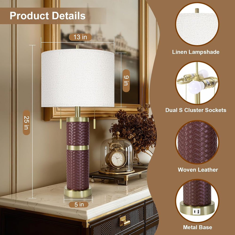 KIVDITZO 25" Woven Leather Table Lamps Set of 2 for Night Stand