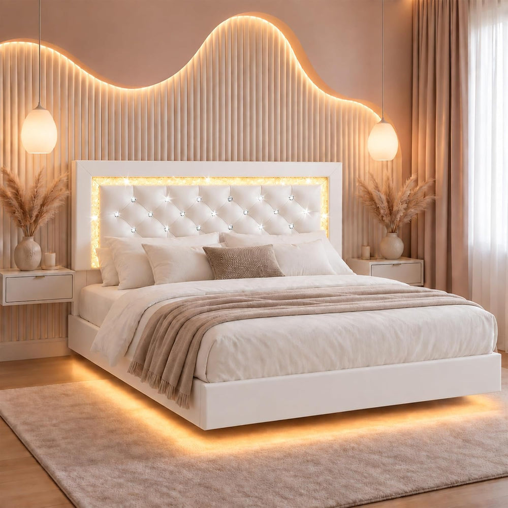 Floating Bed Frame Queen with LED Lights and Diamond Headboard,White