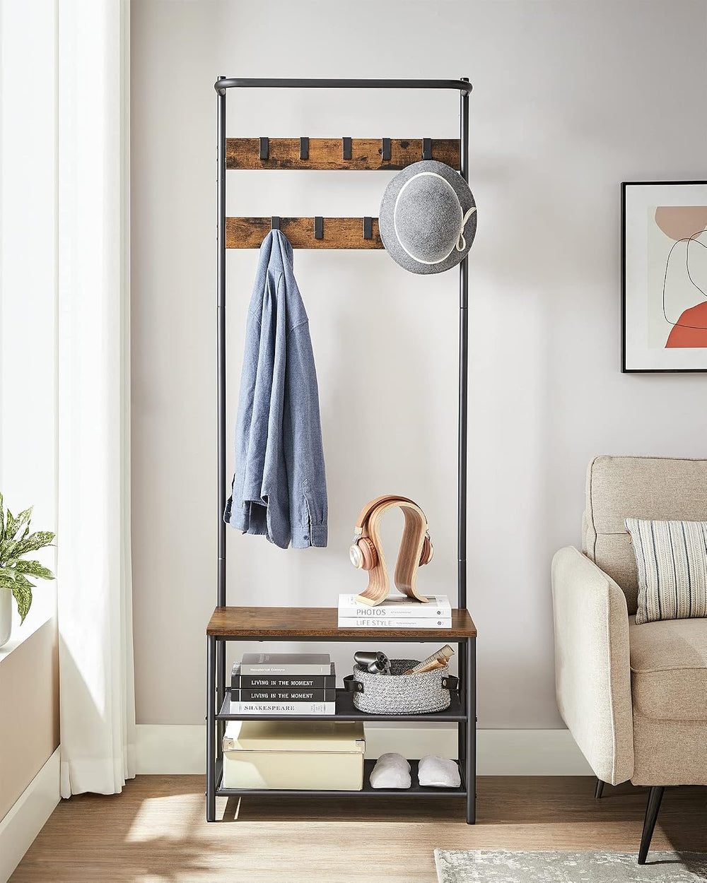 VASAGLE Hall Tree with Bench and Shoe Storage, 9 Movable Hooks, Top Bar
