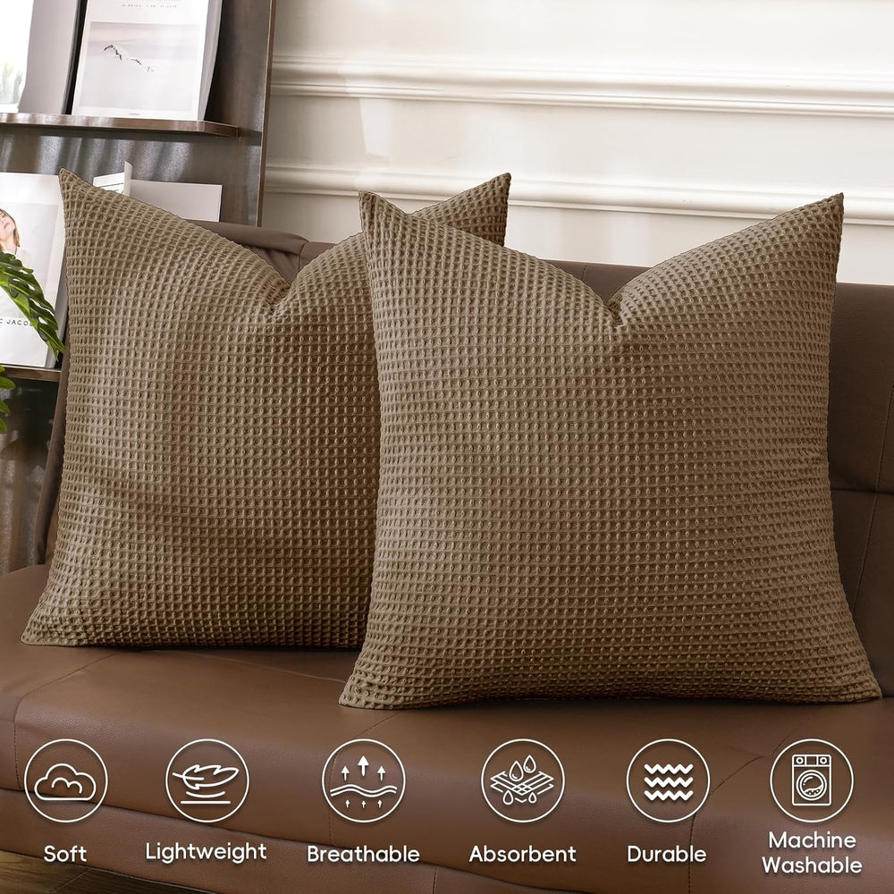 PHF Cotton Waffle Throw Pillow Covers 24" x 24", Walnut Brown, No I...