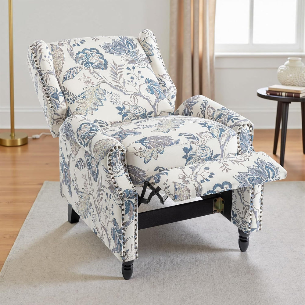Floral Pushback Recliner Chairs Set of 2, Fabric Armchair, Blue Plant
