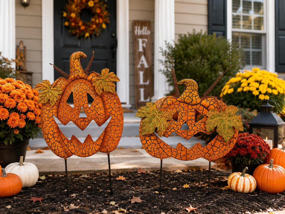 STC World S/2 Halloween Pumpkins Garden Stakes Jack O Lantern Designed Outdoo...