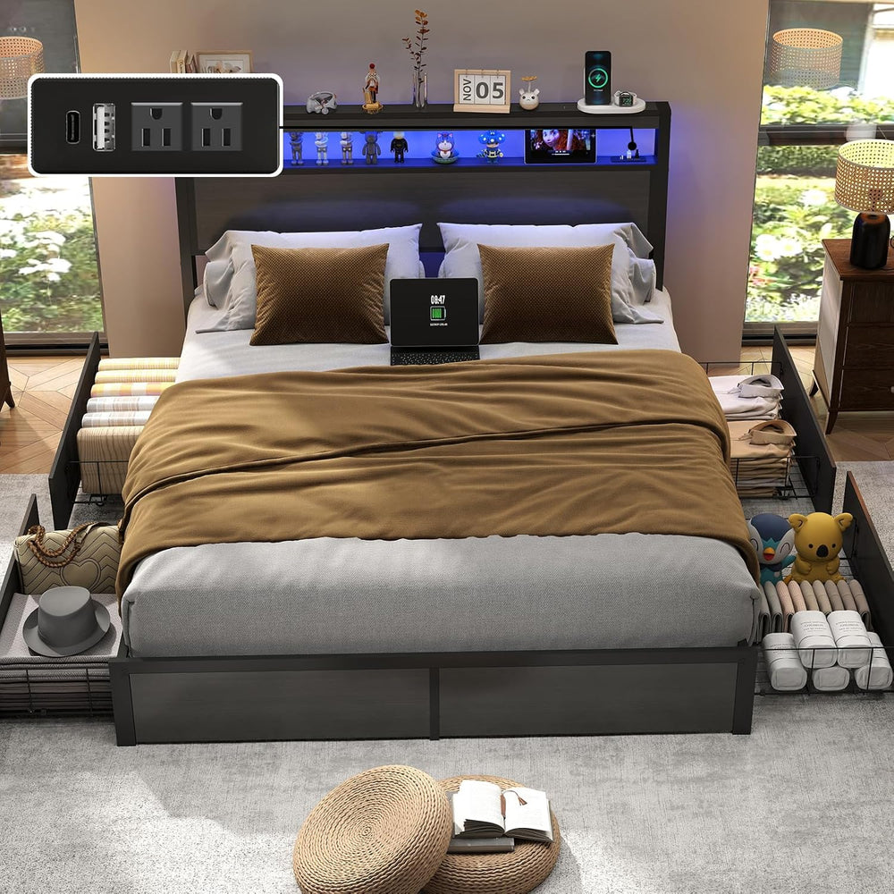 Full Size Bed Frame with LED Light Headboard and 4 Storage Drawers