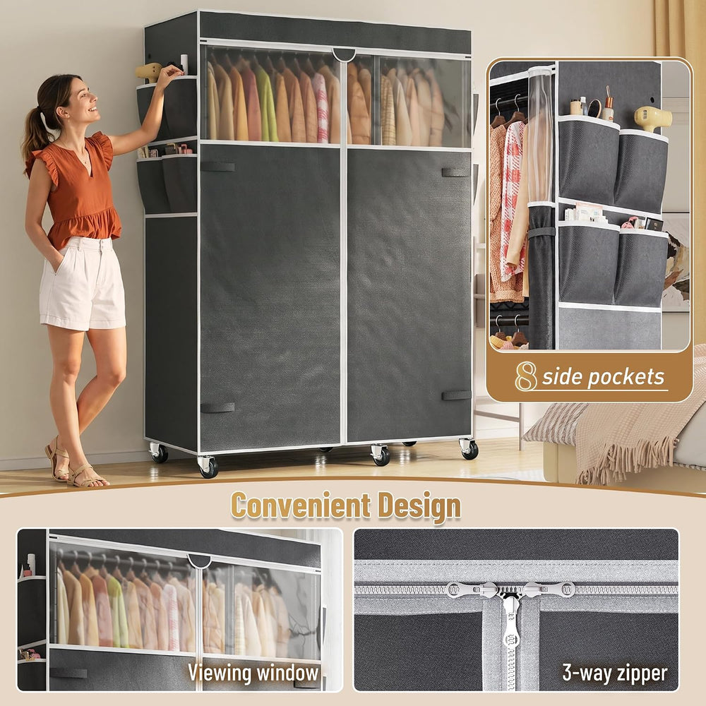 Raybee Clothes Rack with Cover, Rolling Portable Closet, 4 Hanging Zones