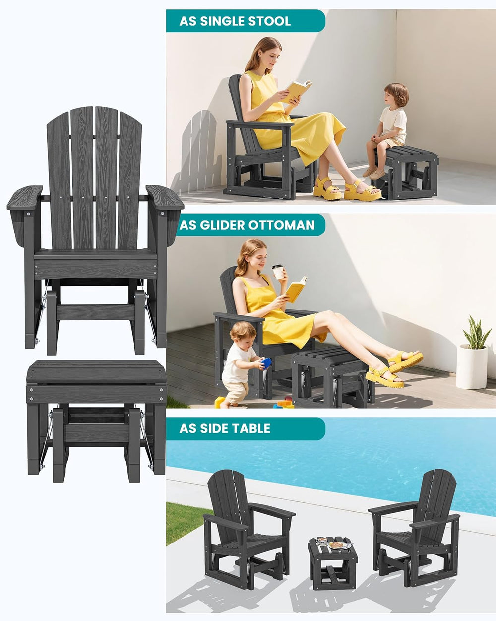 SERWALL HDPE Outdoor Glider with Ottoman, All-Weather Patio Glider Rocker