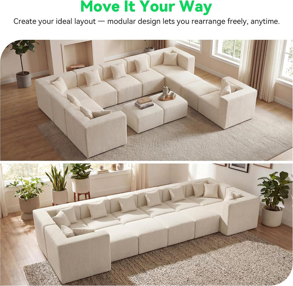 MONVANE Oversized Boneless Sectional Couch 12-Seat, Chenille, Beige