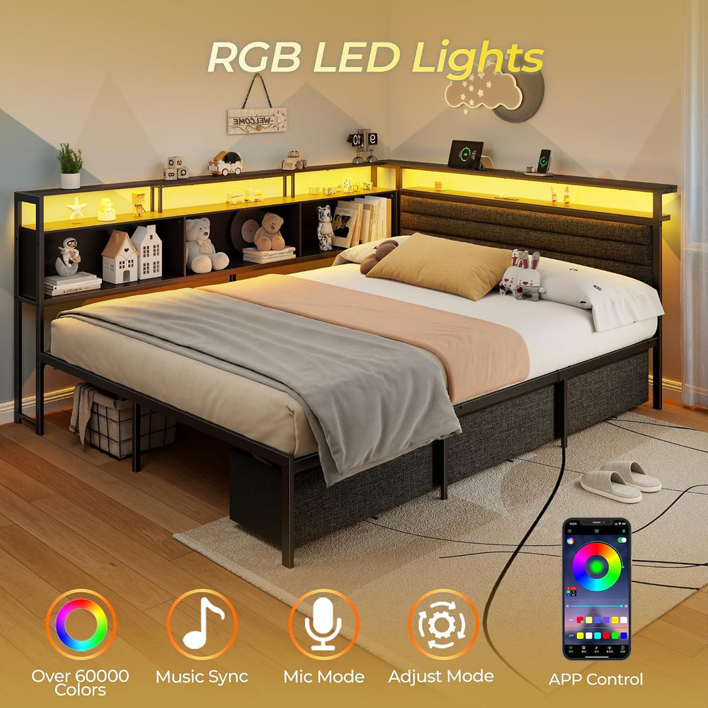 OURPIC Full Corner Bed Frame with 3 Storage Drawers, LED Lights & Charging