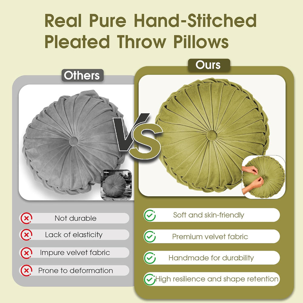 ROSE&RISY Round Pleated Velvet Throw Pillow, 2 Pack Decorative Accent Pum...