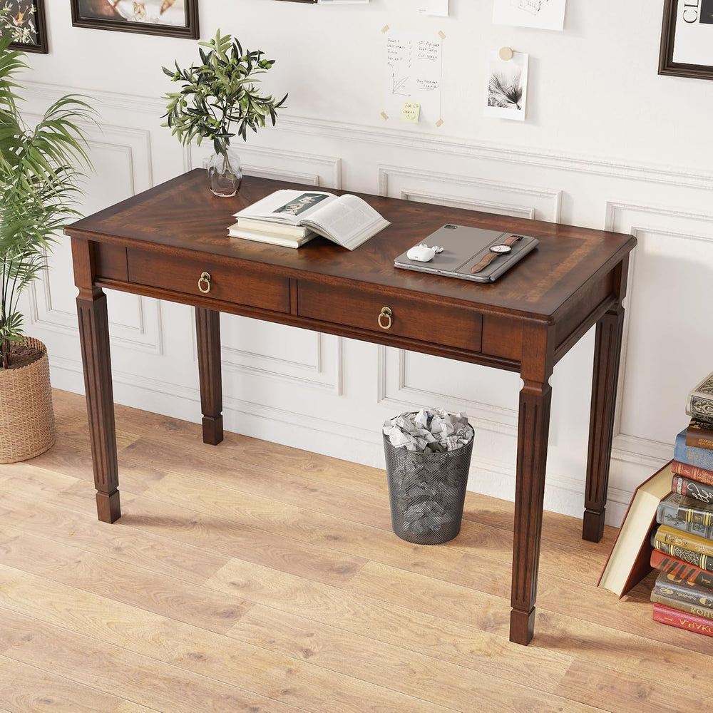 Solid Wood Writing Desk with 2 Drawers, 46"W Large Secretary Table