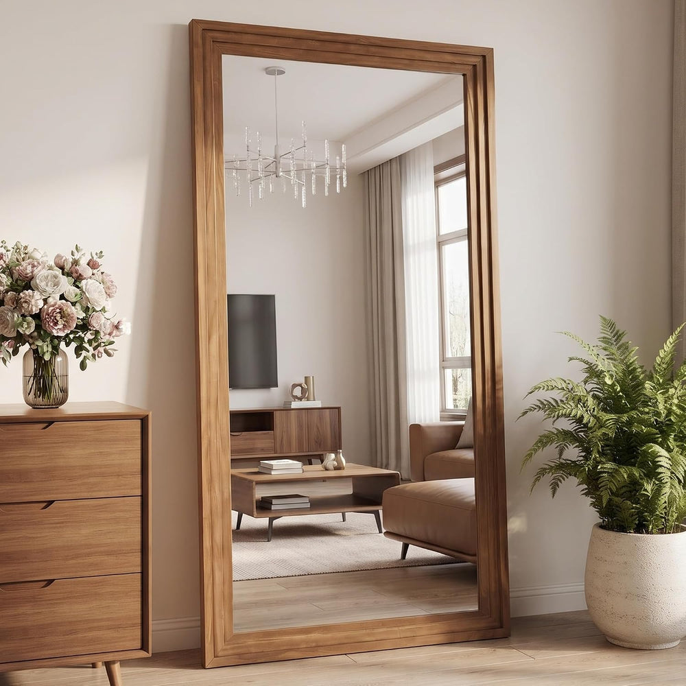 76"x34" Full Length Mirror, Large Wood Floor Mirror, Brown