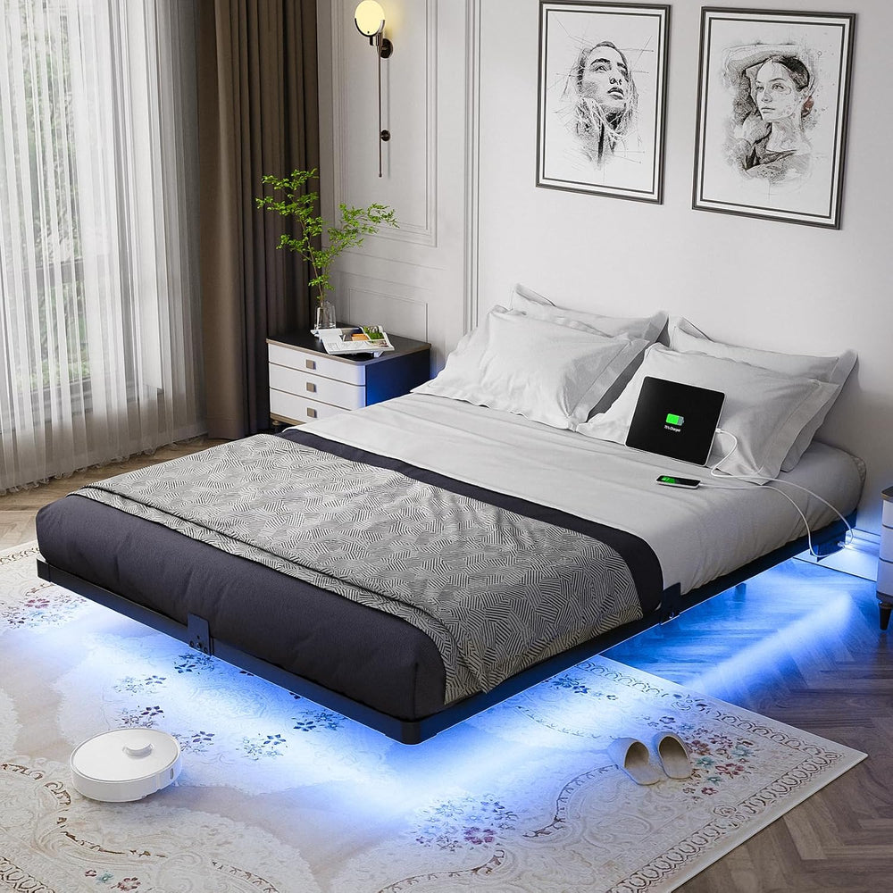 OLEVS Floating Bed Frame Queen Size Metal with LED Light & Charging Station
