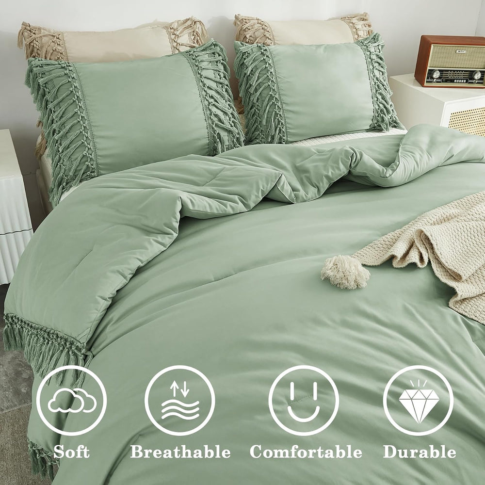 Andency Sage Green Comforter Set King, 3 Pieces Boho Tassel Bedding